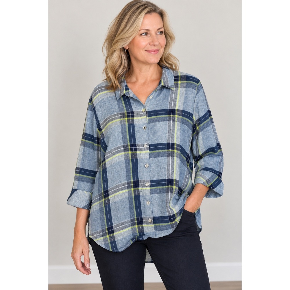 Habitat Blouse Women's Large Linen Blend 3/4 Sleeve Button Up Plaid Blue